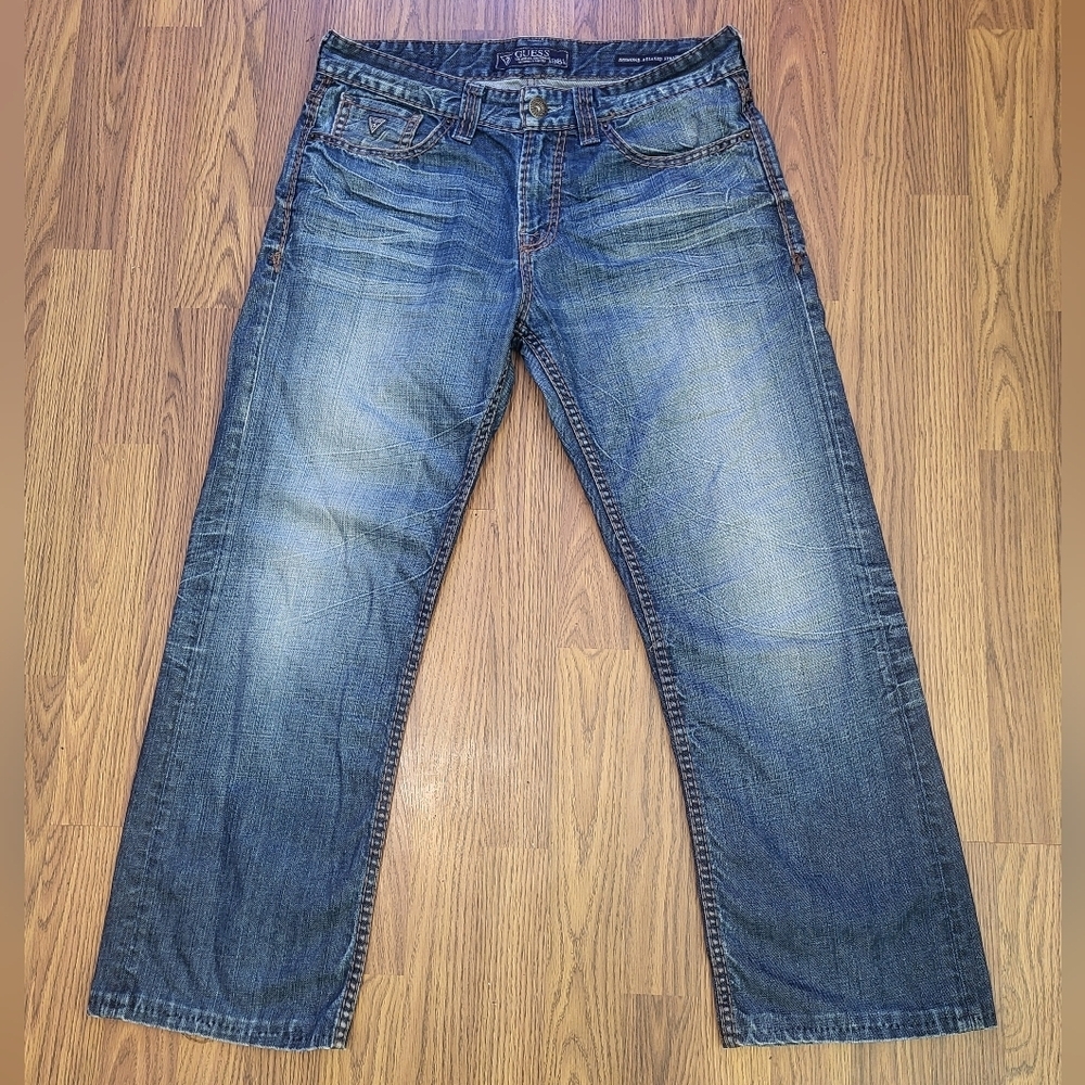 Mens Guess Desmond Relaxed Straight Jeans 32x26 Blue Denim Thick Stitch B21